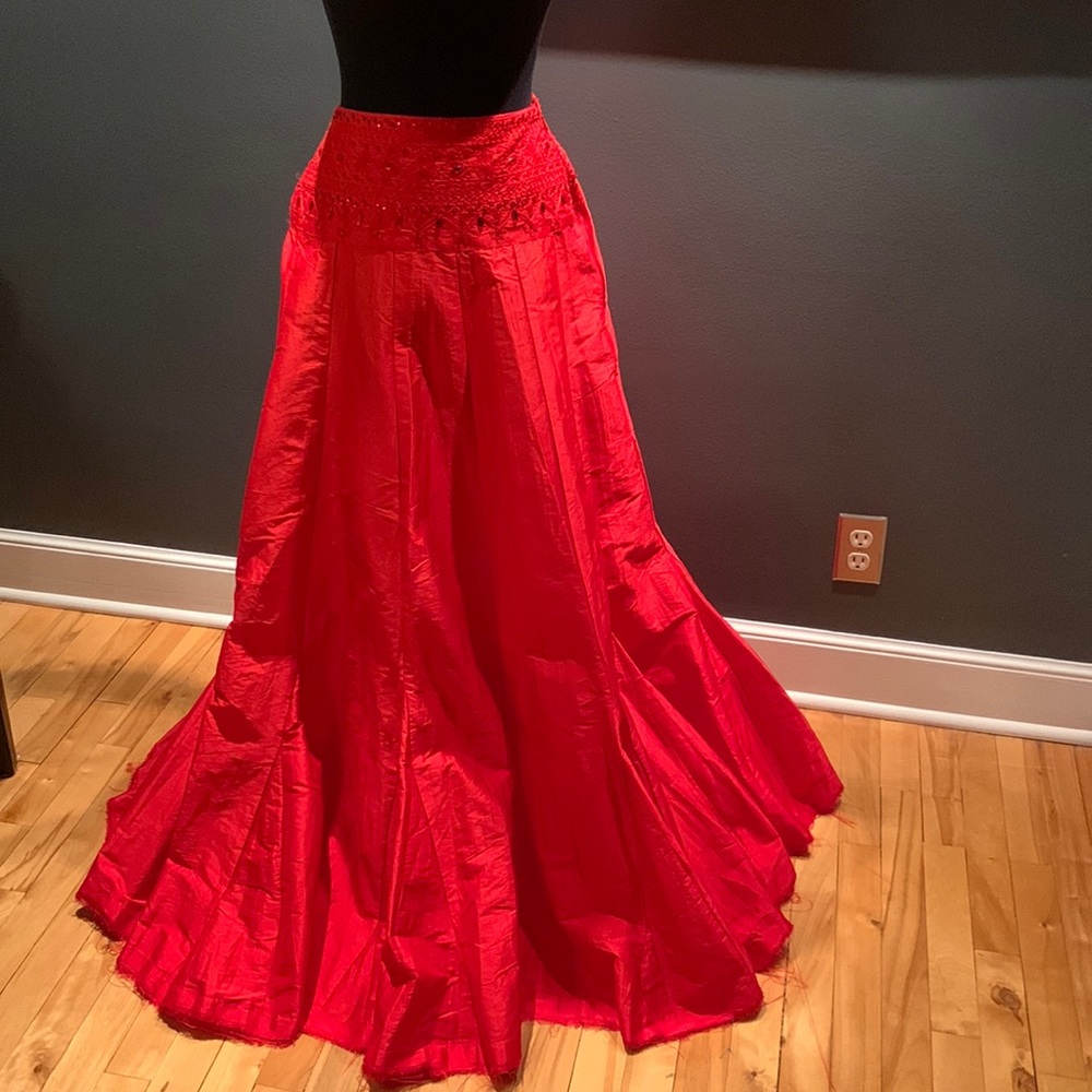 Free People ONE beaded waist cherry red flared raw hem maxi skirt, size 4